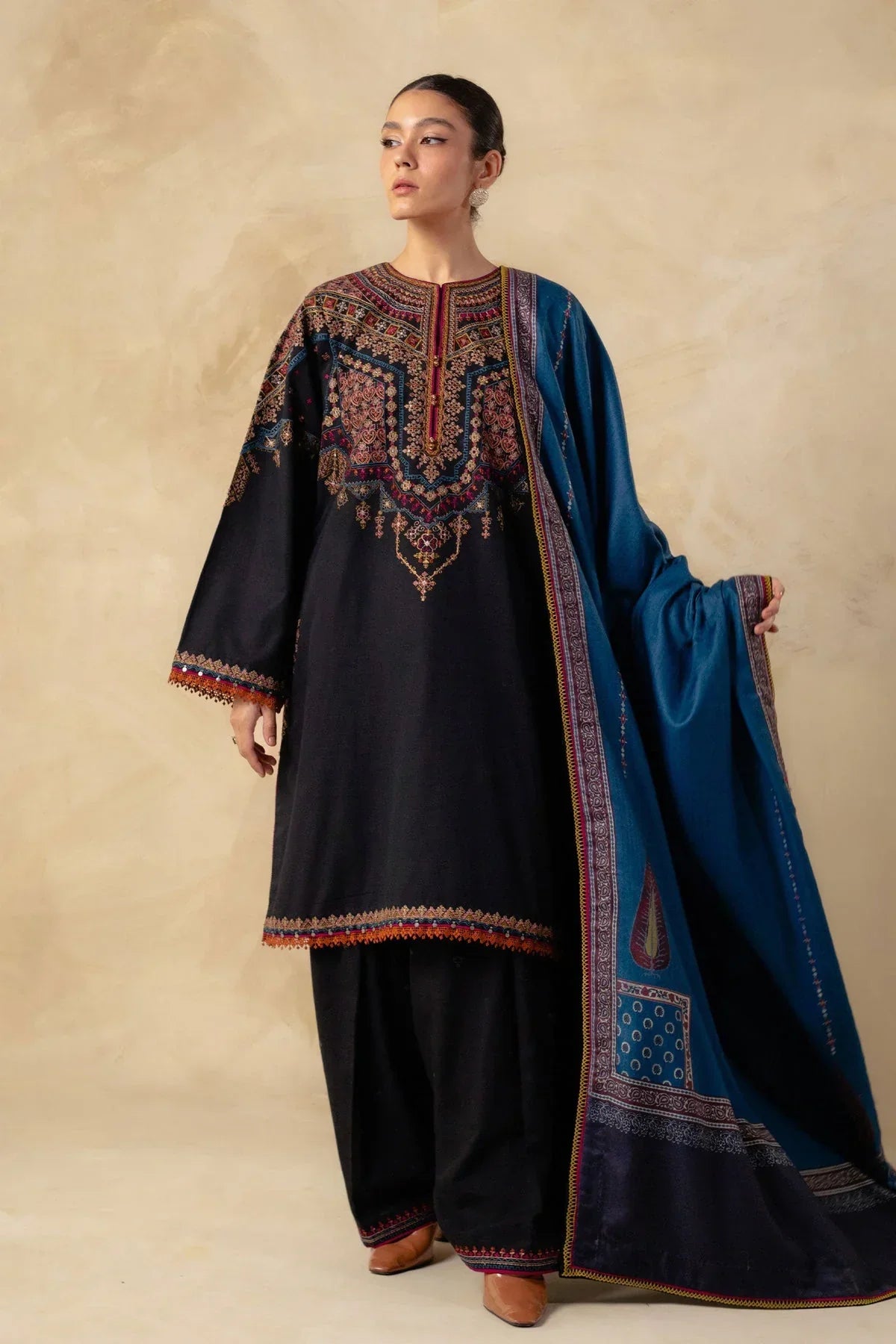 ZARA SHAJAN-3PC DHANAK EMBROIDERED SUIT-SD-29