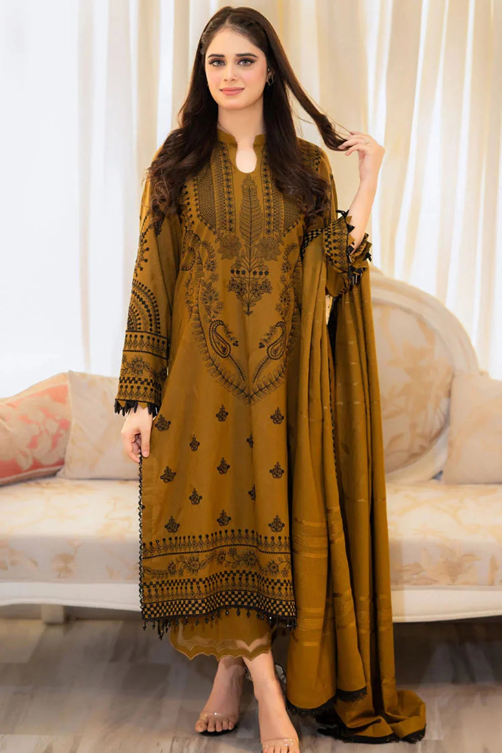 LIBAAS-3PC DHANAK EMBROIDERED SUIT SD-45